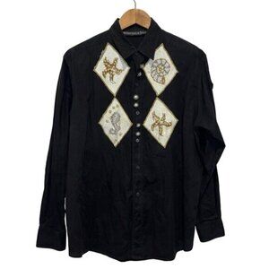 Vintage Whittall & Shon Black Shirt With Beaded Nautical Design & Decorative But
